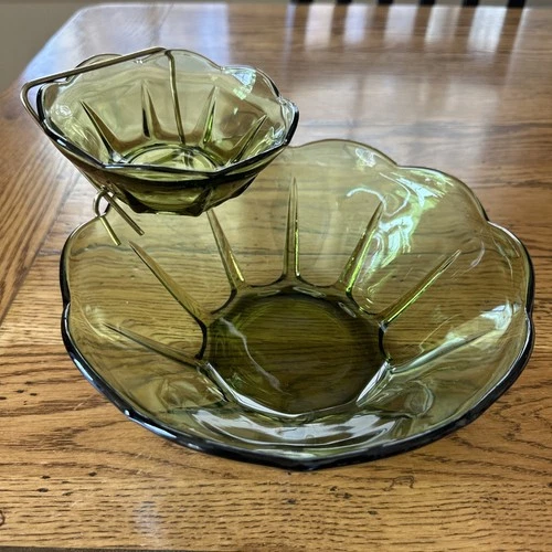 VTG Anchor Hocking Swedish Modern Avocado Green Glass Chip & Dip Serving Set