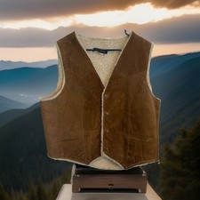 Vintage Steer Brand Leather Vest Brown Western Biker Made in USA XL Sherpa 70s