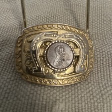 Belt buckle Western Gold and Silver-tone 2000 US Penny two horseshoes 2"X2.5"