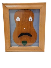 Art 3D Wood Guitar Mustache Man Signed Art Wood Frame Hang Whimsical Pop Art