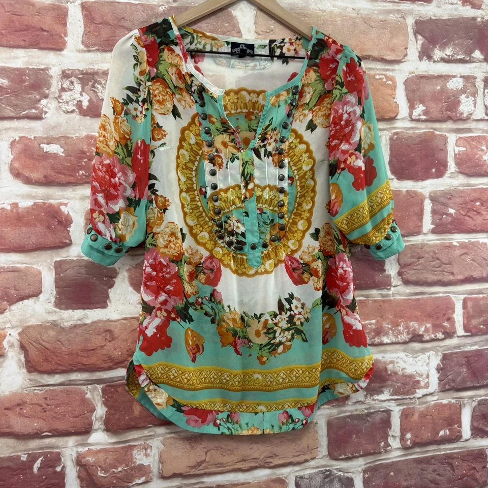 Camisa Angie Vintage Para Mujer Grande Multicolor Boho Floral Tachonada Transparente Túnica Top Foto 2 de 4