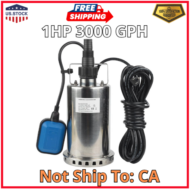 1HP 3000 GPH Stainless Steel Submersible Water Transfer Pump for Pool & Flood