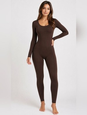 Ensnovo Women s Full Bodysuit Unitard Catsuit Brown Long Sleeve Stretch XXL NWT.
