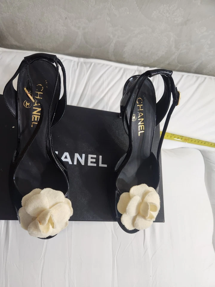 Chanel Zapatos Mujer Talla 38 Negro Charol Flor Tacones Cordones Italia LEER Foto 4 de 4