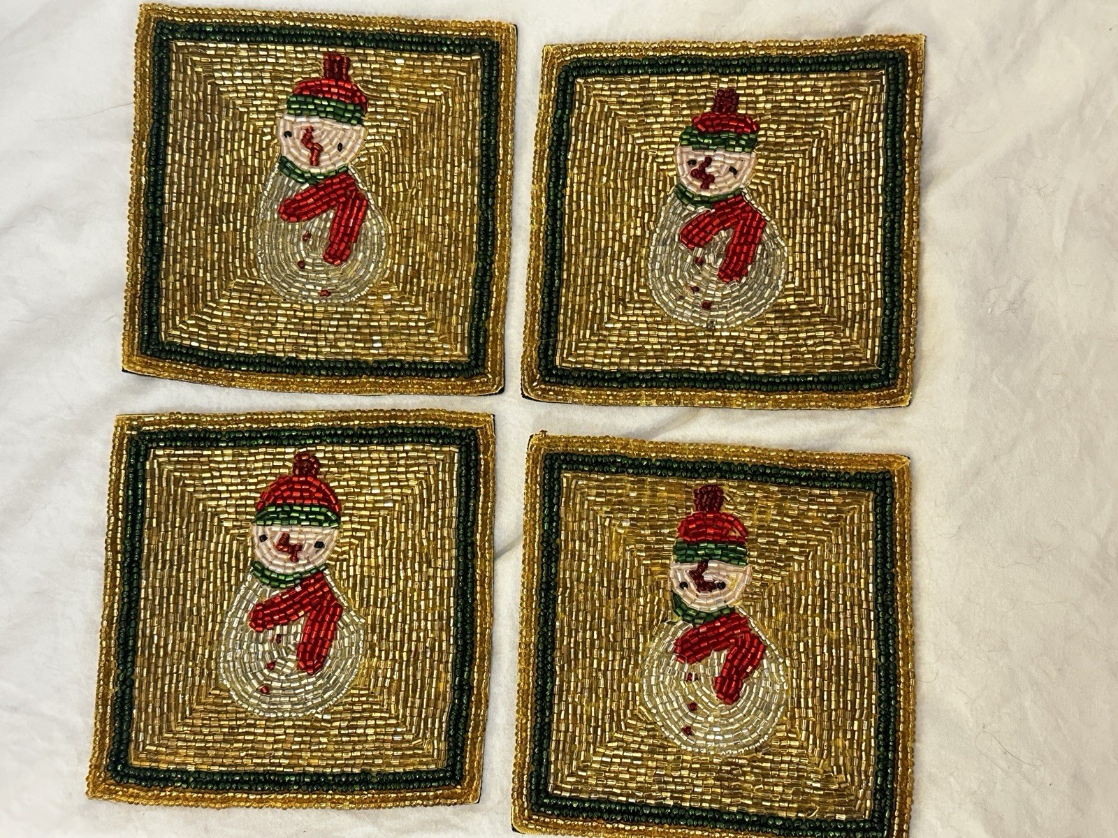 Crate & Barrel Beaded Silk Coasters Snowman Set of Four Christmas Decor 4”