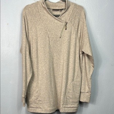 Susan Graver Weekend Oatmeal Long Sleeve Goldtone Neckline Zipper Top Large