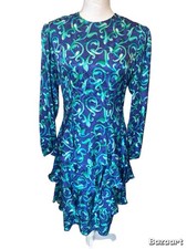 Carolyne Barton Dress Silk Size 10 Colorful Pattern Long Sleeve Blue/green