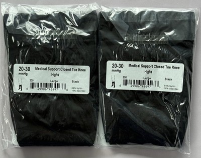 2 Pairs Ames Walker Medical Support Closed Toe Knee High 20-30 mmHg Large Black