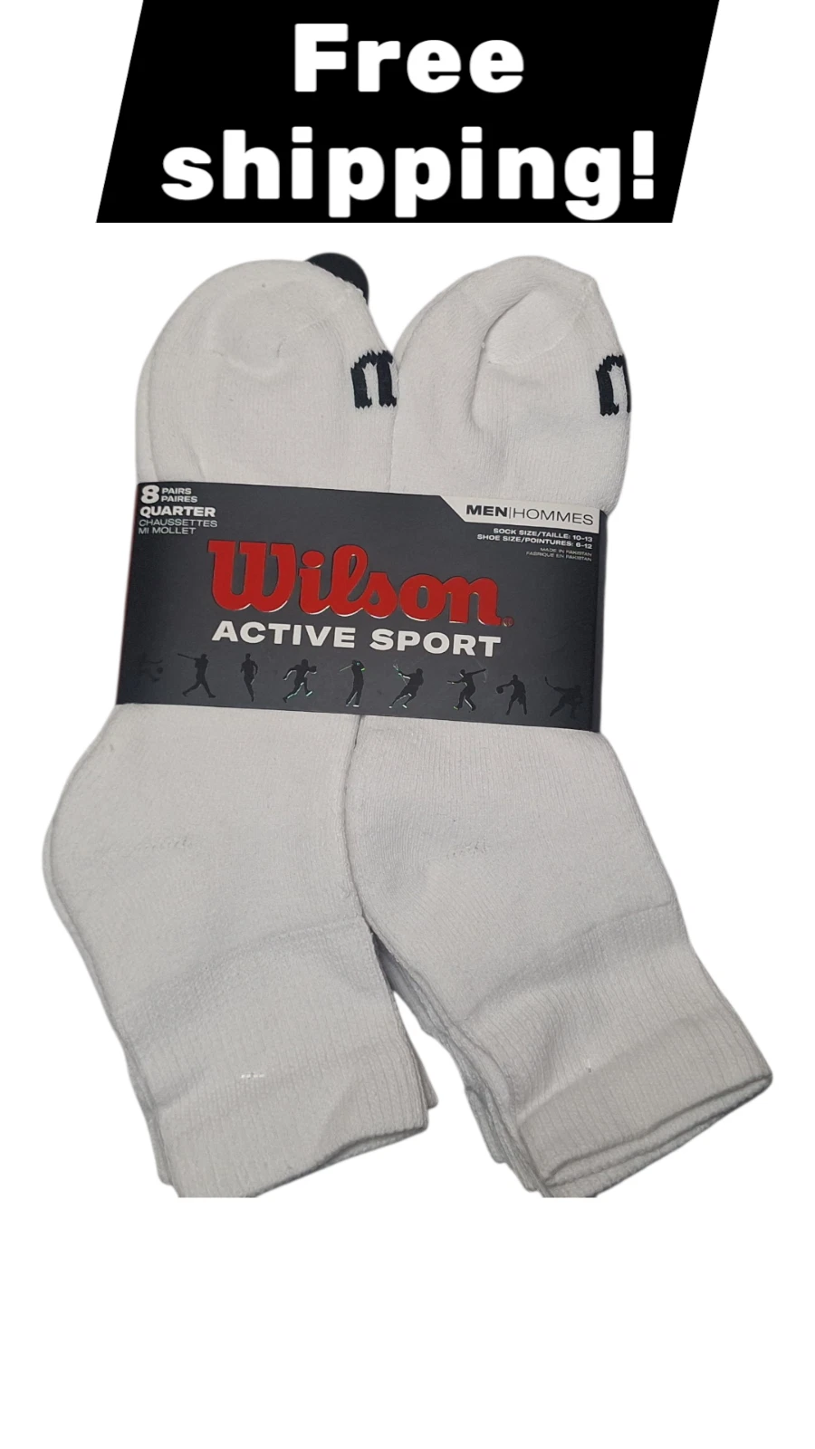 Wilson Men Active Sport Quarter Socks 4 PACK (8 PAIRS) WHITE - SIZE 6-12