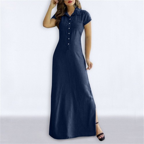 Damen Denim Übergröße Hemd Maxikleid vorne Knopfleiste lang Cover Up Jeans Oberteil - Bild 5 von 20