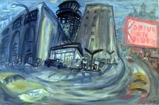 DRIVE IN DINER  Arthur Robins Original Oil NYC Cityscape Manhattan Taxi street