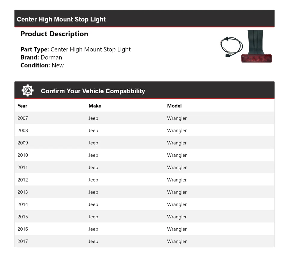 Luz de freno central de montaje alto para Jeep Wrangler Dorman 2007-2017 2008 2009 2010 Foto 2 de 4