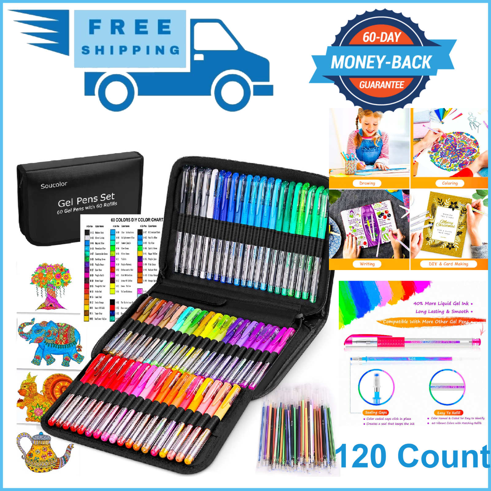 Gel Pens for Adult Coloring Books 120 Pack Artist Colored Gel Marker Pens Set-image
