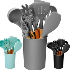 11PCS Silicone Cooking Utensil Set Heat Resist Wood Handle Spatula Turner Tongs