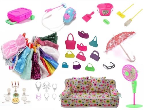 52 pcs/lot Doll Accessories, Dresses, Cleaning Kit, Dollhouse Furniture & more  - Picture 1 of 8