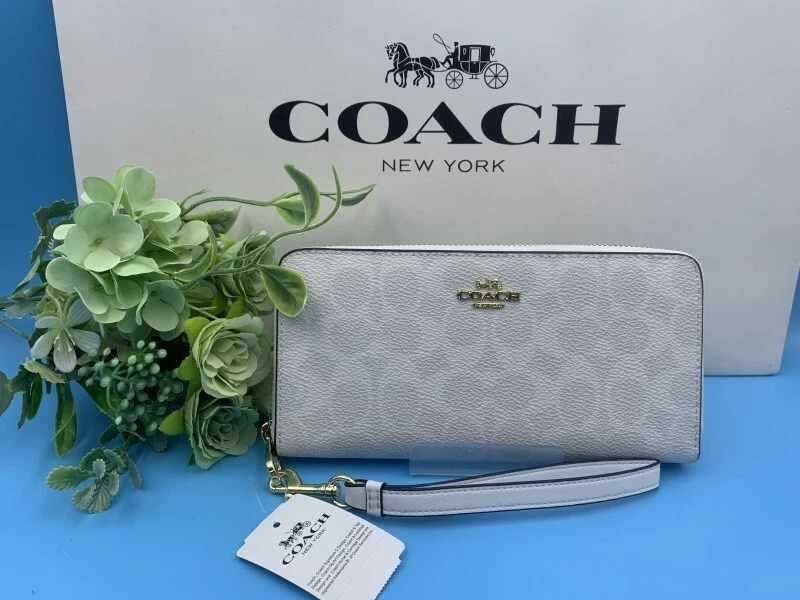 COACH Zip Around Long Wallet with Strap Signature Canvas White