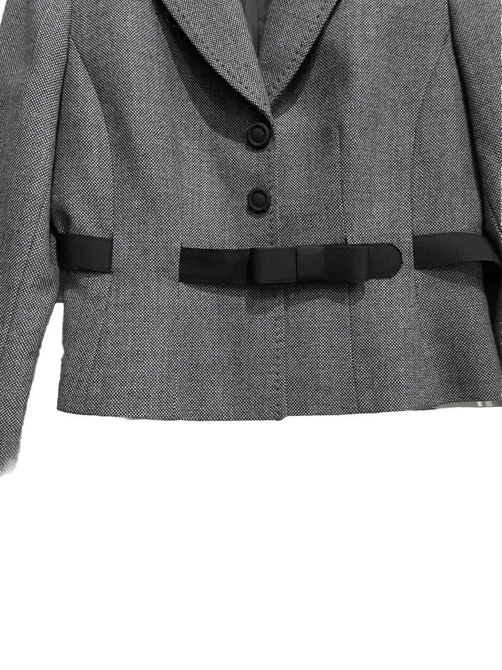 Tahari Wool Blazer Gray Women’s 10 Petite Adjustable Snap Bow Belt Fitted Jacket - Image 3 of 4