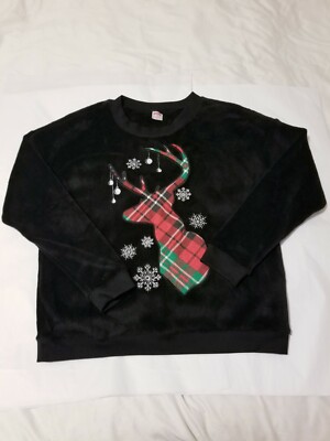 Holiday Time Jet Women Sweatshirt Sz L/G 11-13 Christmas Plush Crewneck Black 