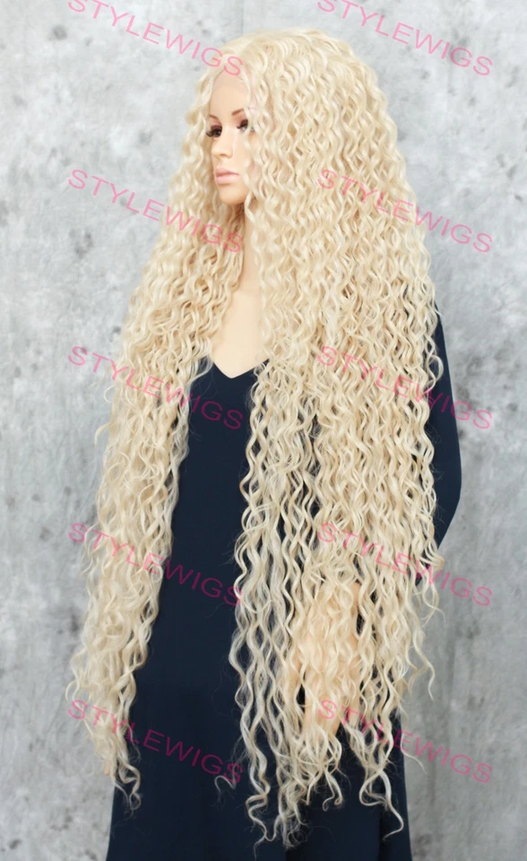 Light Blonde Extra Long Spiral Curls Lace Front Human Hair Blend Wig EVGP - Image 3 of 4