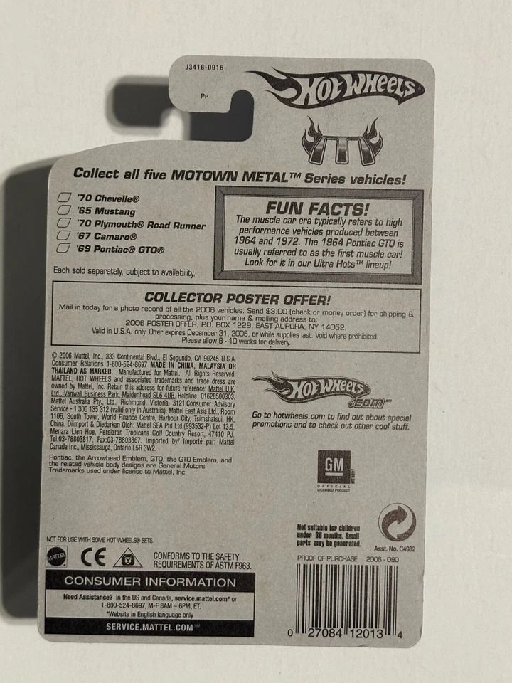Error Hot Wheels 2006 Jester #179 tarjeta de error! Tarjeta dice '69 Pontiac GTO #090 SIN USAR, EN CAJA Foto 4 de 4