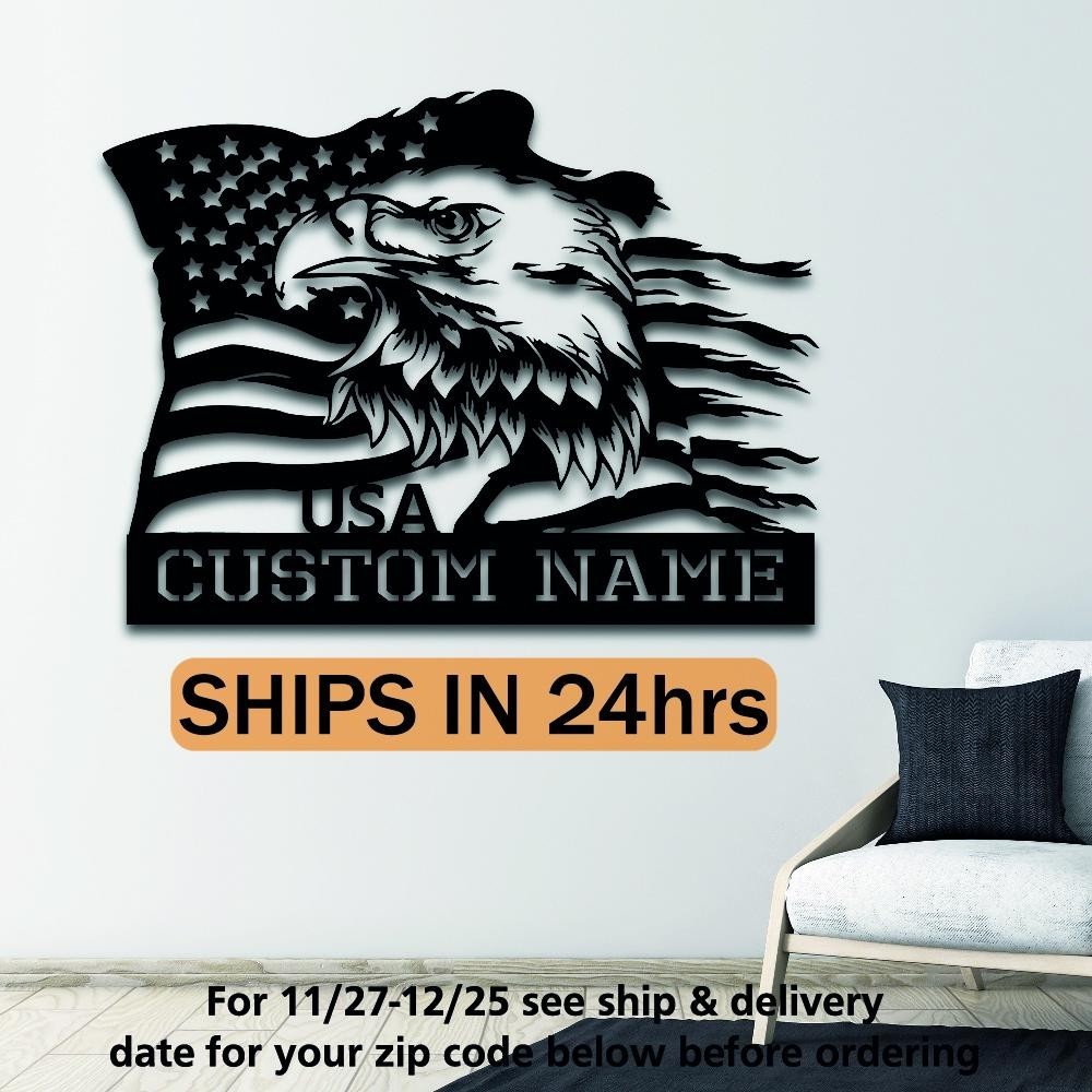 Custom Name Bald Eagle Flag Metal Wall Sign, Patriotic USA Steel Art Veterans