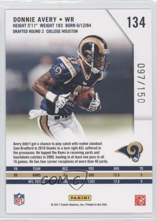 2011 Panini Rookies & Stars Longevity Ruby /150 Donnie Avery #134 - Image 2 of 2