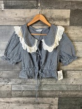 ASOS Miss Selfridge Gingham Blouse Top Size UK 14 White Navy Check Collar Boho