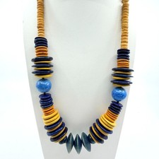 Vintage Boho Colorful Wood Bead Statement Necklace Blue Yellow Orange Retro 90s