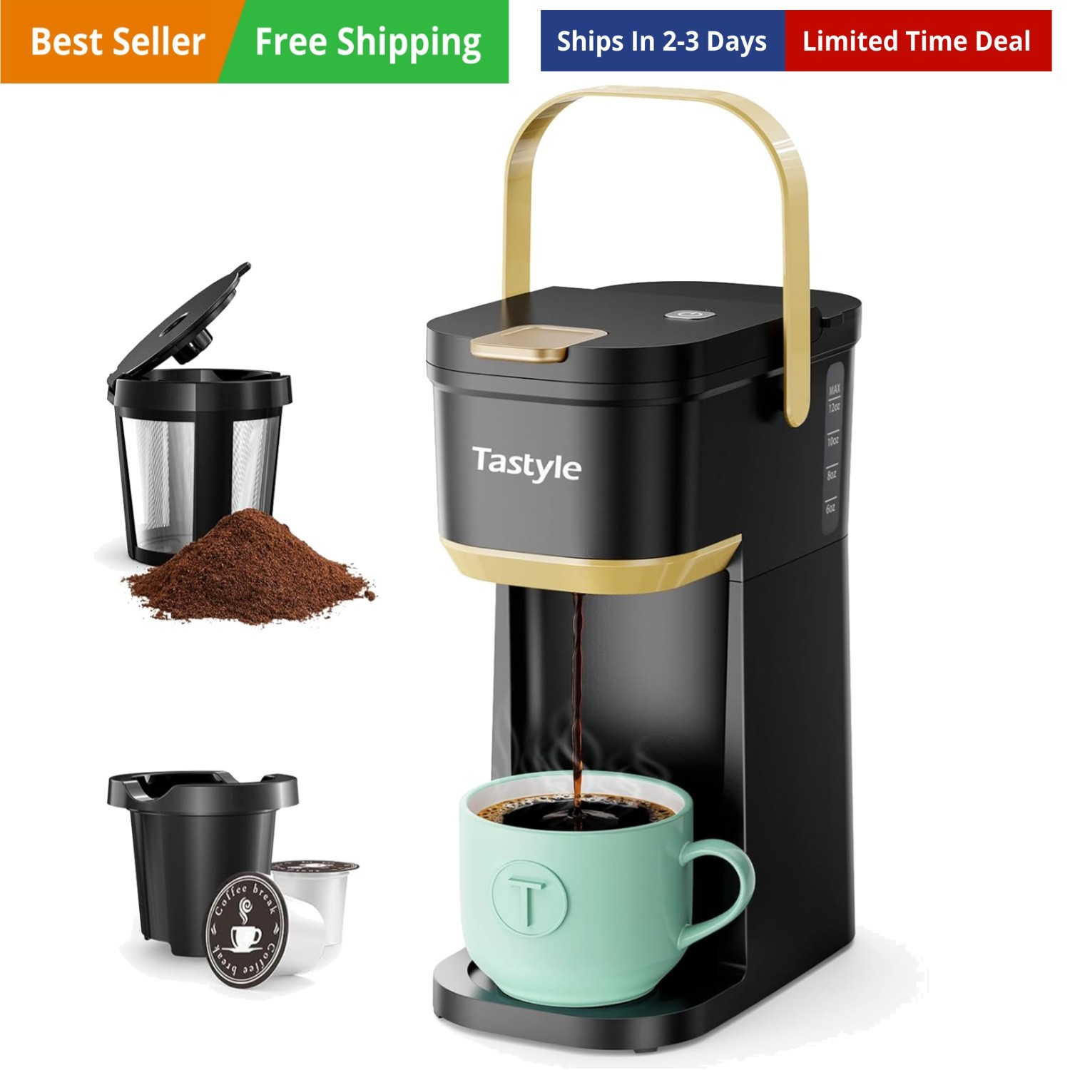Single Serve One Cup Coffee Maker, for K Cups and Grounds, Mini Coffee Maker ...