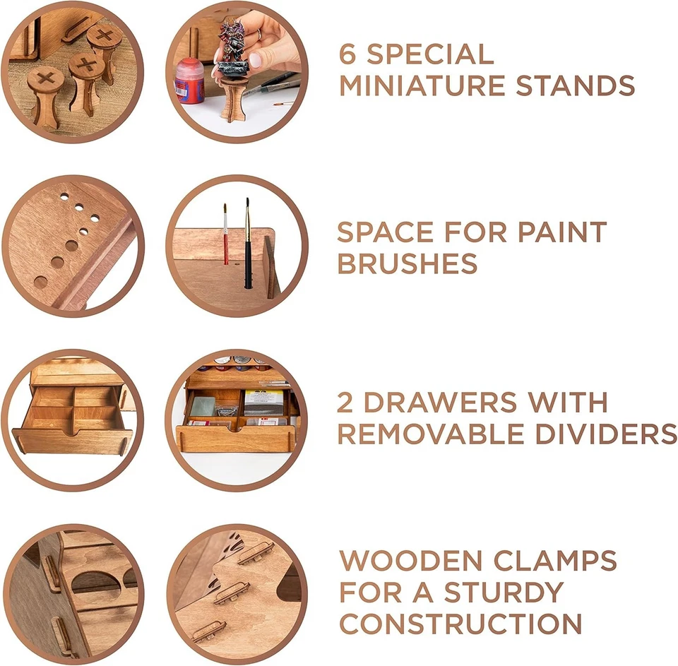 Compact Wood Paint Rack - 74 Holes, 14 Brushes, 2 Drawers - Image 4 of 4