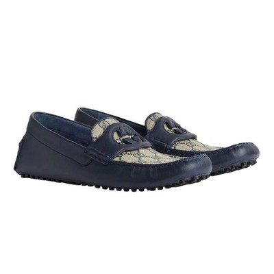 Authentic Men's Gucci Blue Leather Interlocking G Driving Loafer Moccasin New
