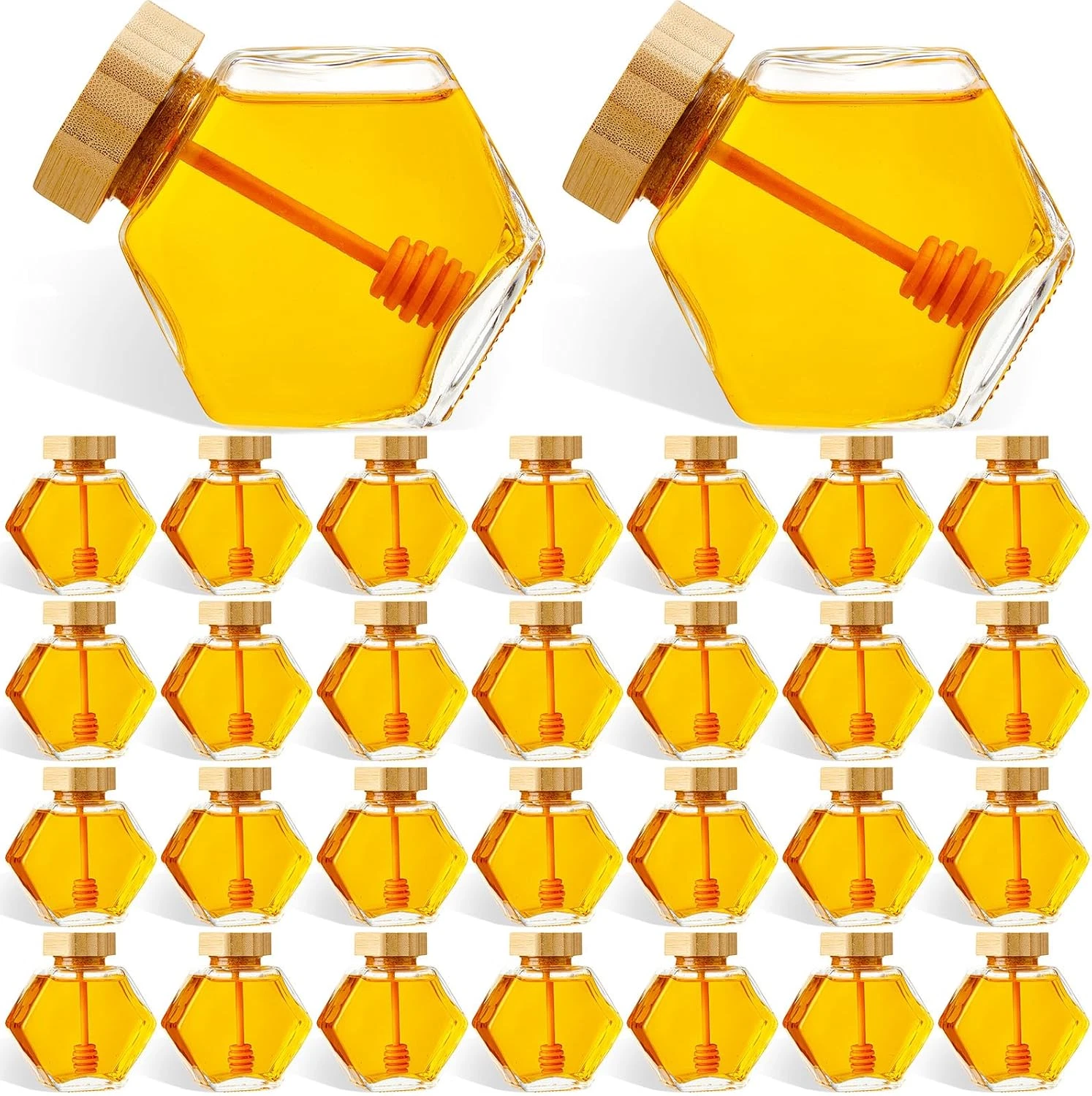 30 Pcs Hexagonal Glass Honey Jars with Dipper & Cork Lid - 220 Ml