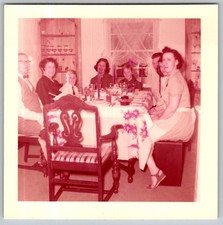 Vtg Color Snapshot Family Dinner Table Party Red Tinted Photo Kodak 1960s