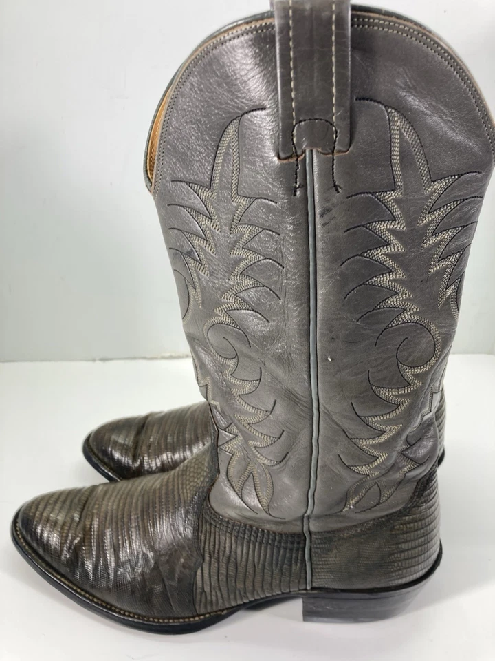 Botas masculinas Nocona Teju Lizards tamanho 11 D couro cinza rodeio ocidental vintage década de 1970 - Imagem 4 de 4