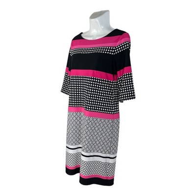 Sandra Darren Shift Dress Women's 6 Pink Black Mixed Media 3/4 Sleeve Casual Mod