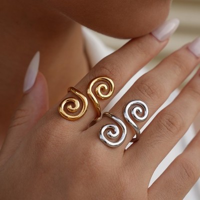 Gold Silver Swirl Spiral Ring Adjustable Open Wrap Statement Boho Jewelry