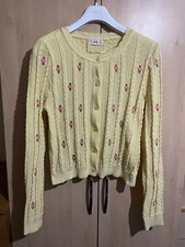 Mango Cardigan Womens US Large Yellow Cable Knit Pink Floral Button Front Jumper