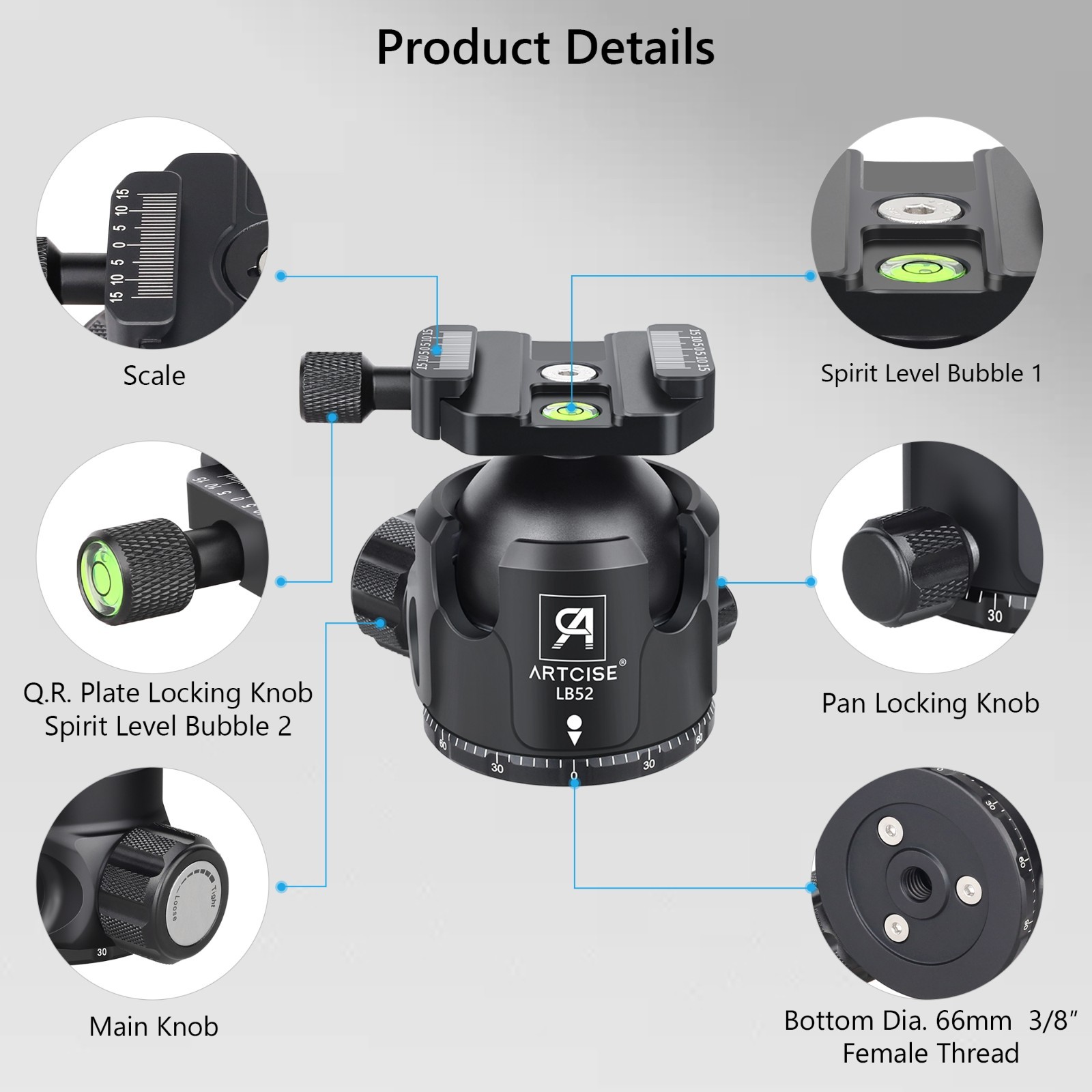 52mm Low Profile Ball Head All Metal CNC Tripod Monopod Ball Head for DSLR, Camc