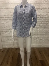 Talbots Petite Button-Back Linen Tunic Batik Floral Blue Size M 100% Linen EUC