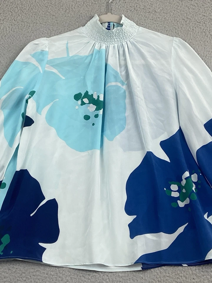 Blusa Tucker Stella Crepe de Chine Seda Manga Larga Talla S Zafiro Amapolas Fluida Foto 3 de 4