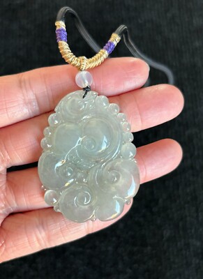 Highly Icy Auspicious Clouds Ruyi Jadeite Jade Pendant Necklace, 100% Untreated