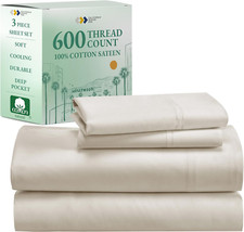 Luxury 100 Cotton Twin Sheet Set - 600 Thread Count, Deep Pocket, Ivory