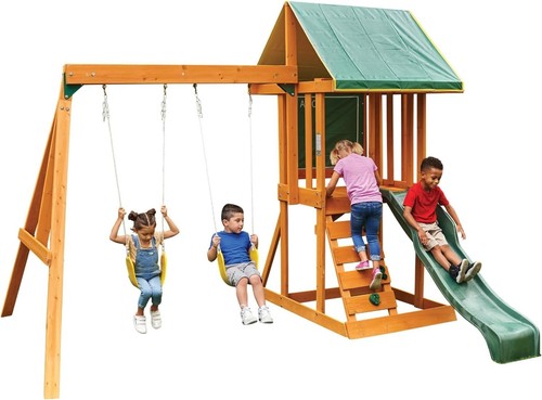 Amazon Exclusive Appleton Swing Set with Rock Wall & Slide - Weather Resistant