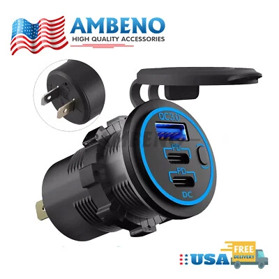 CAHUCZLHOZ 12V-24V QC3.0 + PD USB C Car Fast Charger Power Socket Outlet for Boat RV Marine