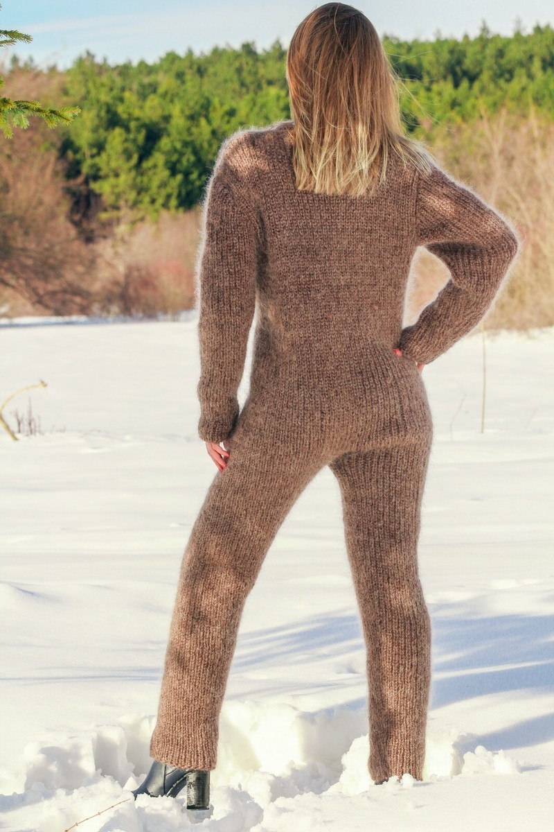 Brown fuzzy mohair bodysuit catsuit sweater hand knit ski overall