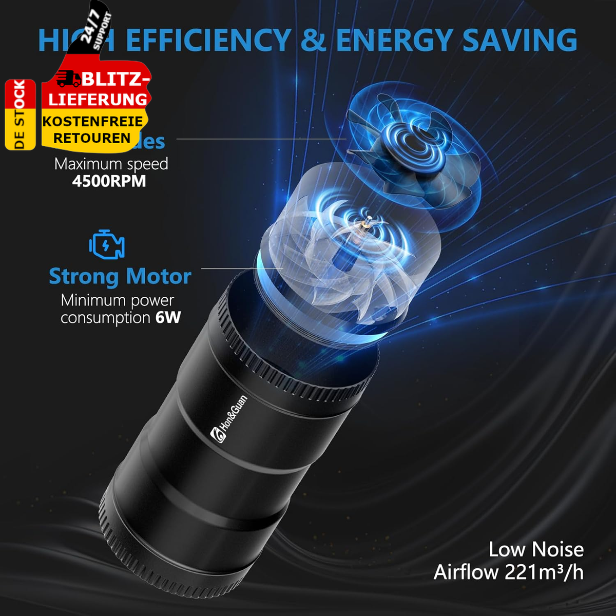 Hon&Guan 150mm Inline-Rohrventilator Regelbar 452m³/h Rohrlüfter Garage Küche DE