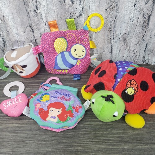 Baby Girls Sensory Fabric Toy Lot Crinkle, Books, Chime, Teether, Rings 5 Pc Lot