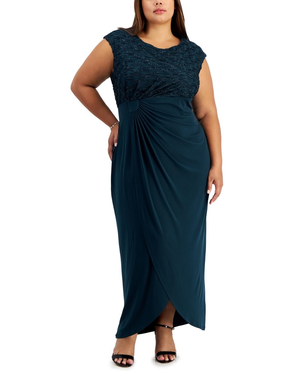 CONNECTED Ruched Cap-Sleeve Maxi Dress Dark Mallard Plus Size 22W $99 | eBay
