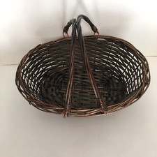 Two Handle Weaved Oval Basket Dark Brown Red Metal Loops 15"x 13" X 5"