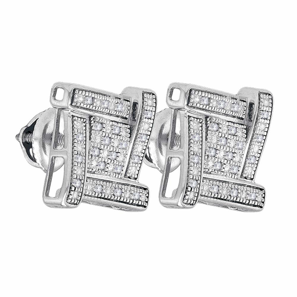 Sterling Silver Mens Round Diamond Square Cluster Stud Earrings